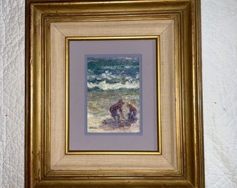 Vintage 90s Seascape Oil Painting, Children on Beach, Signed Evans