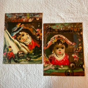 Vintage 70s set of 2 PRINTS doll surrealist portraits art home house decor  by Calogero abstract modernism prints 12 by 16