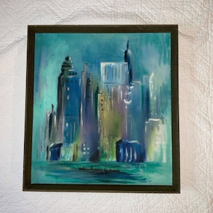 VINTAGE abstract original hand painted PAINTING cityscape blue mid century