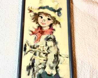 Korus Modernist big eyed girl boy portrait original oil painting Vintage 70s
