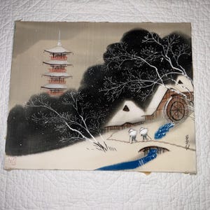 Vintage  PAINTING snowy snow winter landscape  hand painted original art home decor signed Japan ?