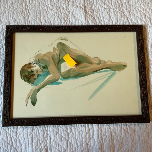 Man portrait original painting hand painted Vintage 90s watercolor male nude loose study portrait