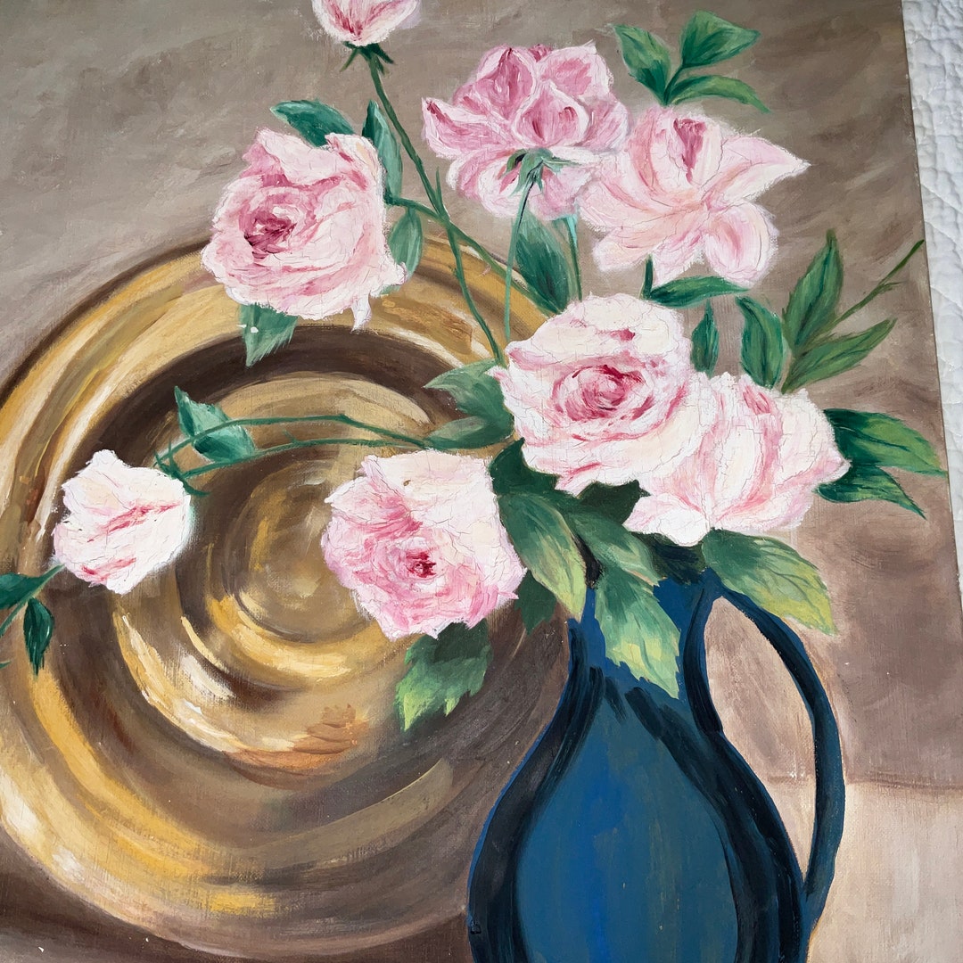Vintage Pink Roses Oil Painting: Floral Still Life Art, Signed Bleacker ...