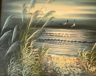 Vintage 80s Seascape oil Painting: Original Signed Beach Moonlight Art signed