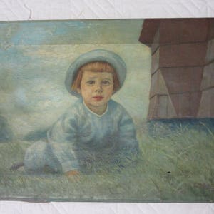 Antique portrait boy child oil PAINTING signed E deGuzman 1934 hand painted original art vintage  home decor