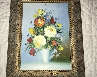 Vintage 70s hand painted original PAINTING rose floral flowers small framed home decor