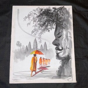 VINTAGE Buddhist temple painted original PAINTING landscape portrait gray