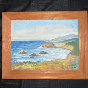 VINTAGE CA seascape original hand painted oil PAINTING coast line by Stover