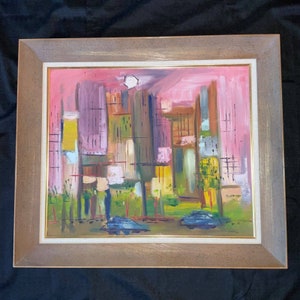 VINTAGE abstract original hand painted PAINTING cityscape landscape mid century modern pink yellow