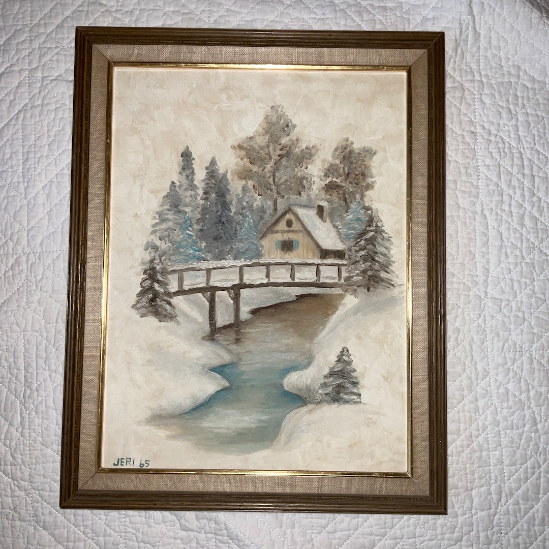 Vintage Oil PAINTING Cabin in Snow Landscape Hand Painted Original Art ...