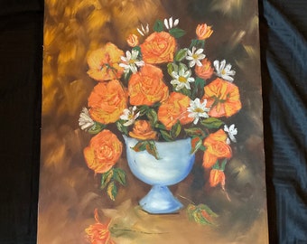 Vintage 1970s Floral Oil Painting, Orange Roses Still Life, Signed Vaiser, 18x24
