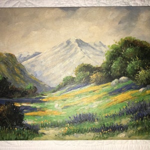 Impressionist oil PAINTING landscape trees mountain vintage hand painted original  art home decor wild flowers on canvas