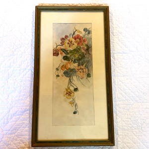 40s Vintage original watercolor PAINTING nasturtiums floral flowers hand painted art home decor signed LC