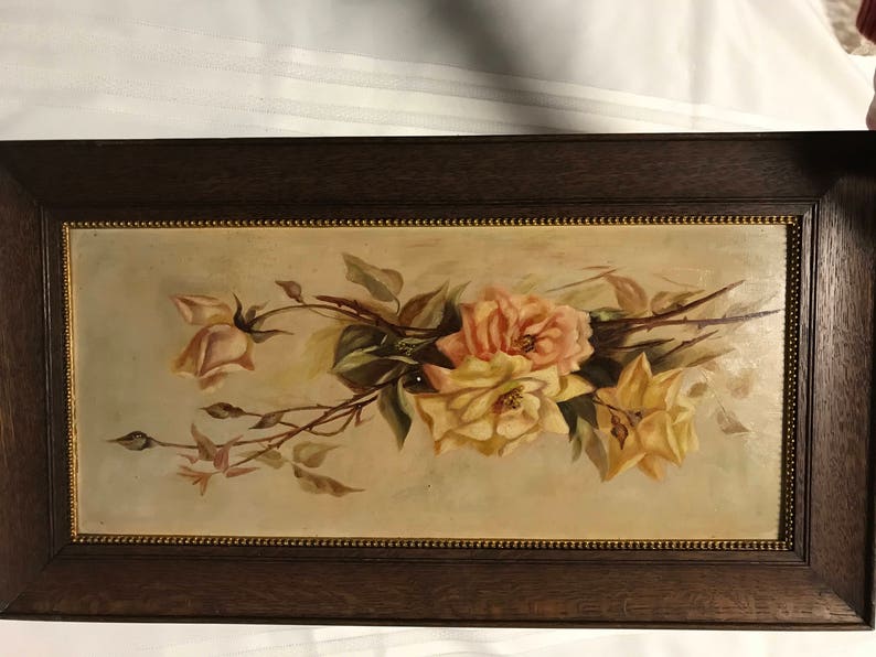 Antique Victorian Roses Oil PAINTING Floral Flowers Vintage Hand ...