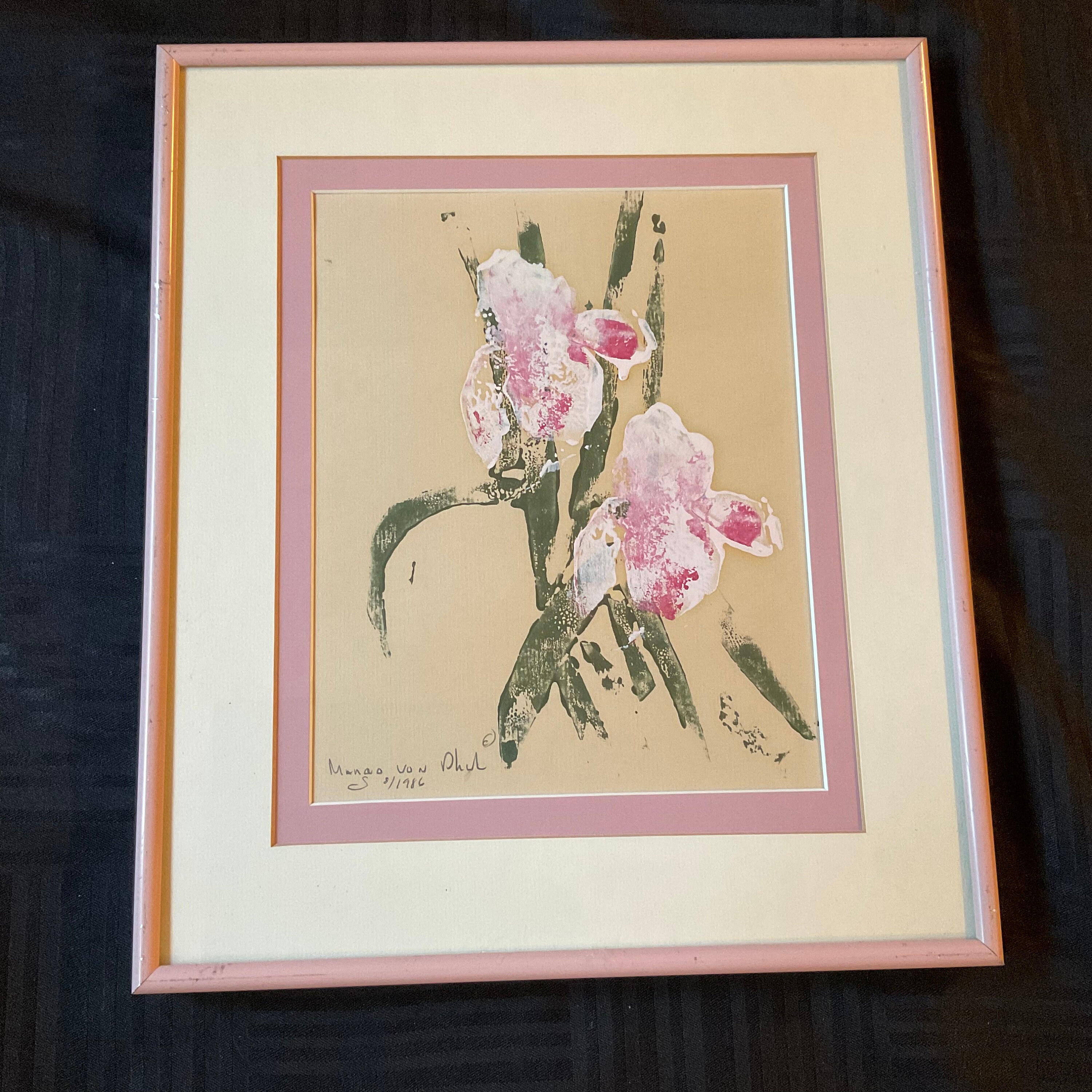 足田メロウ　原画　直筆サイン　額付き　絵画　希少　ペガサス　フラワー　ピンク　馬 1983 Iris Floral Painting, Signed Margo Von Phul, Framed - Etsy