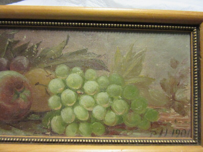 Antique Victorian oil PAINTING grapes fruit vintage hand painted shops original c1901 art home decor farmhouse food kitchen shabby cute
