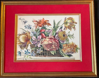 Vintage 60s flower still life PRINT  with frame  reprint of an 1880s print Victorian art home decor  15 by 19