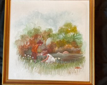 Vintage Children Oil Painting, "Playing by the Pond" by Graber, 1970s Art