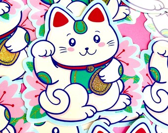 Lucky Cat Sticker - Glitter - Waterproof Vinyl Decal - Cute Gifts - Water Bottle - Laptop