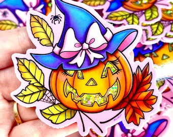 Witch Pumpkin Glitter Sticker - Halloween - Spooky - Goth Sticker - Waterproof - Vinyl