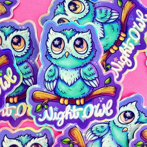 Stickers hibou mignon, Stickers animaux holographiques, Oeuvre d'art noctambule, Stickers hiboux pour ordinateur portable, Hibou kawaii