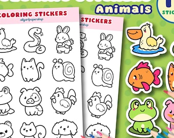 Animal Coloring Sticker Sheet - Stickers to Color - Cute Stationary - Crafting