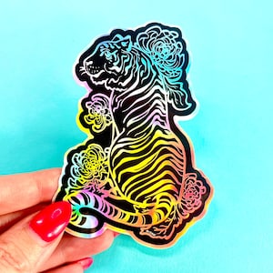 Stickers holographiques tigre, stickers chats, stickers animaux, grands stickers pour ordinateur portable, oeuvres d'art en noir et blanc, stickers tatouages