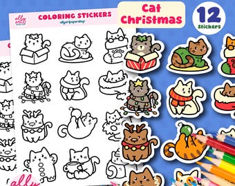 Christmas Cat Coloring Stickers - Holiday Stationary for Planners or Journals - Kitty Lover Gifts