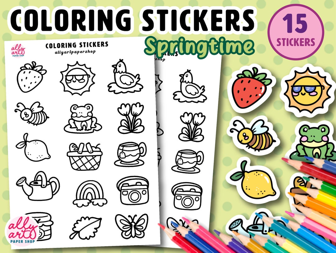Spring Coloring Stickers Spring Coloring Sticker Sheet - Easter Basket Stuffers - Cute ...