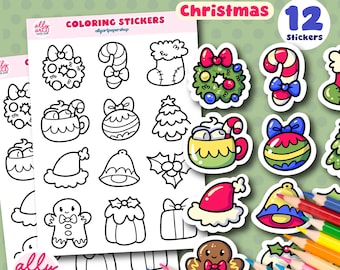 Christmas Coloring Stickers - Holiday Stationary - Sticker Sheet