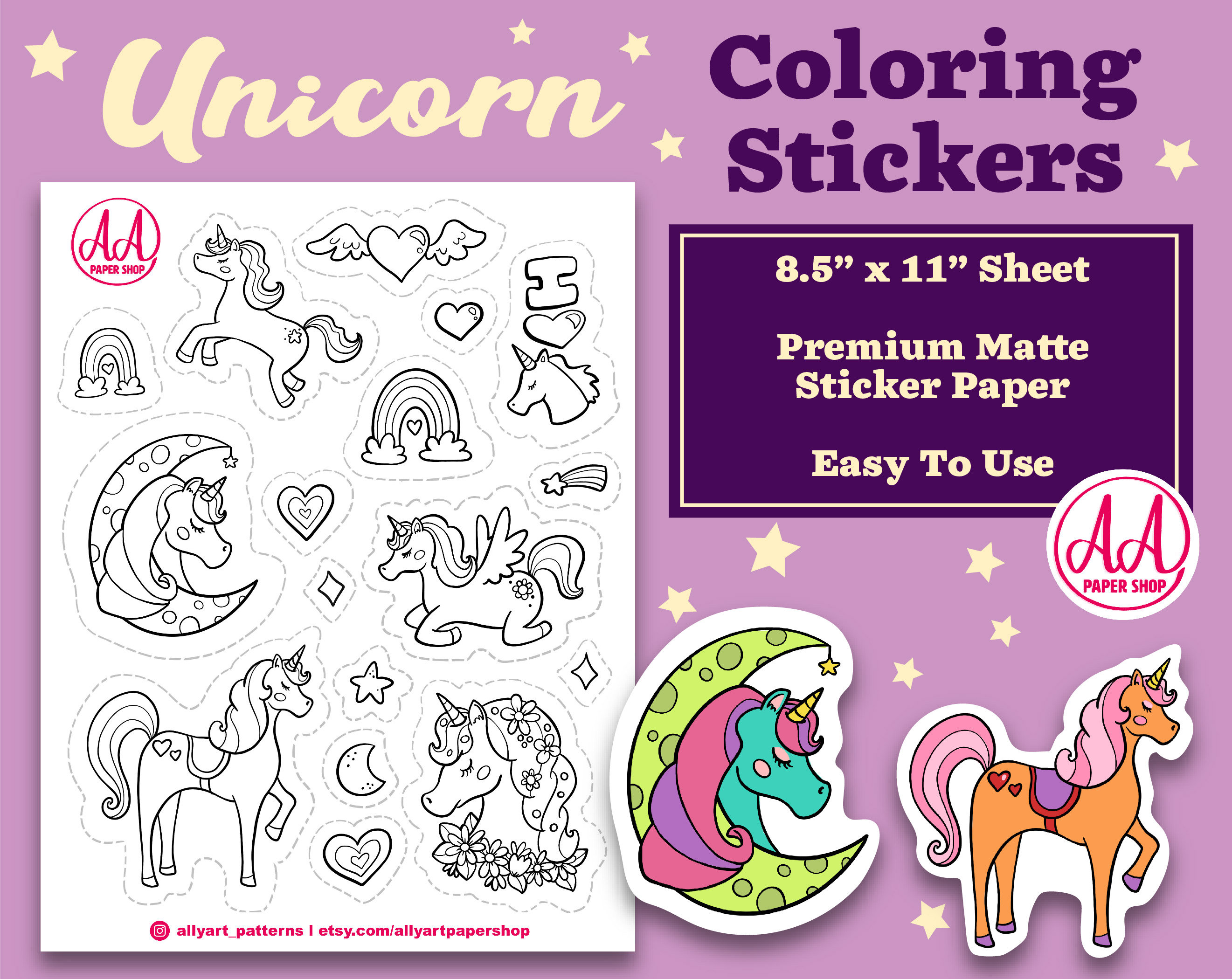 Unicorn Coloring Stickers Coloring Pages for Kids Unicorn | Etsy