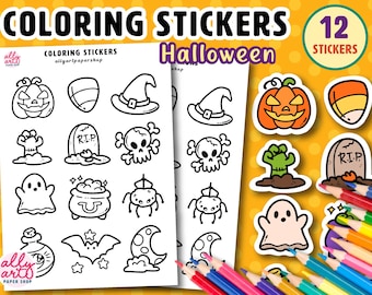 Halloween Coloring Stickers - Spooky Planner Stationary - Crafting - Card Making