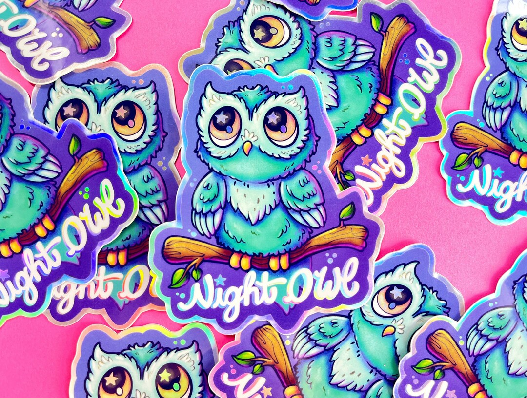Cute Owl Stickers, Holographic Animal Stickers, Night Owl Artwork, Owl