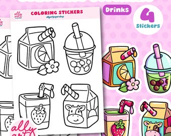 Drink Coloring Stickers - Large Stickers - Scrapbooking - Crafts - Boba Tea Art
