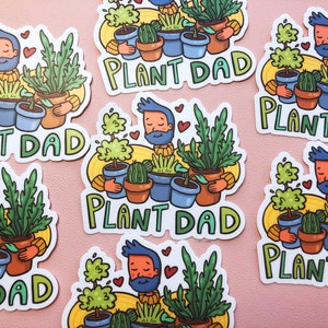 May include: A set of nine stickers featuring a cartoon character with a beard holding various potted plants. Each sticker has the text "Plant Dad" in a colorful font.