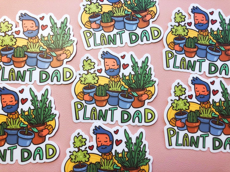 May include: A set of nine stickers featuring a cartoon character with a beard holding various potted plants. Each sticker has the text "Plant Dad" in a colorful font.