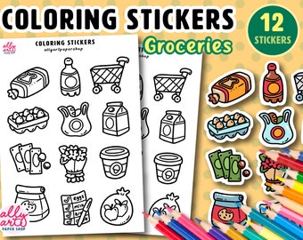 Grocery Coloring Sticker Sheet - Craft Stickers - Planners - Coloring Activity