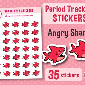 May include: A sheet of 35 red angry shark stickers for period tracking. The stickers are designed with a cartoon shark with a toothy grin. The text "Period Tracking Stickers" and "Angry Shark" are featured on the sheet.