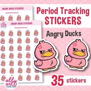 Puede incluir: Pegatinas rosas de "Angry Duck" para el seguimiento del período. Las pegatinas presentan una ilustración de un pato enfadado con un pico amarillo y un símbolo rojo de enfado sobre su cabeza. La imagen incluye el texto "Period Tracking Stickers" y "35 stickers".