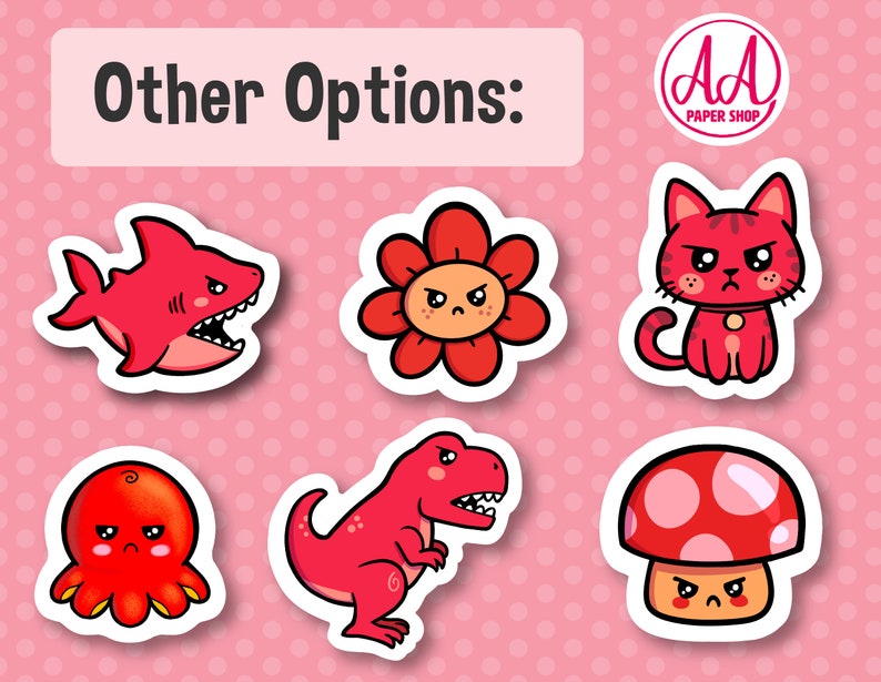 May include: Set of six red cartoon stickers with angry faces. The stickers feature a shark, flower, cat, dinosaur, octopus, and mushroom.