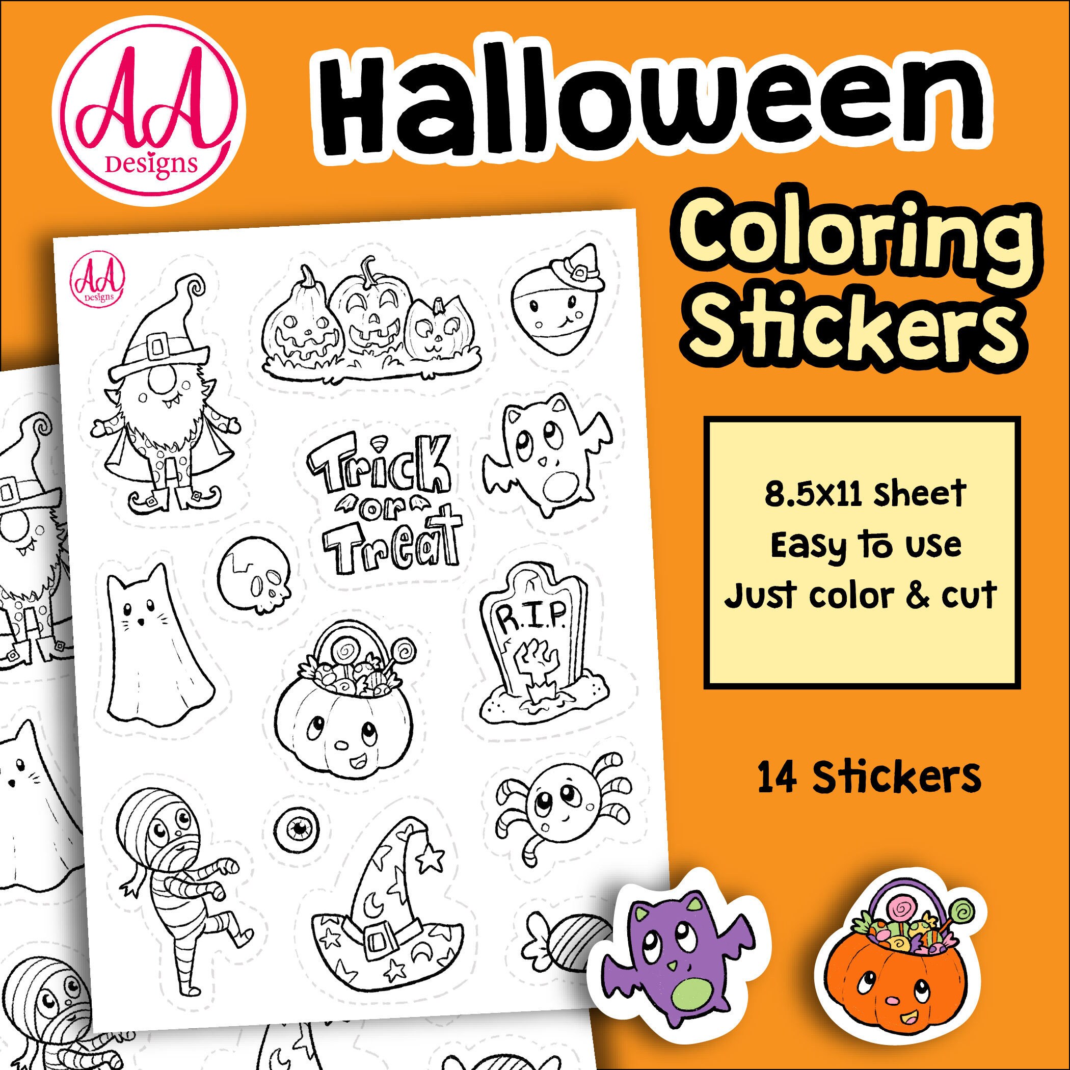 Halloween Coloring Stickers Spooky Stickers Halloween Etsy