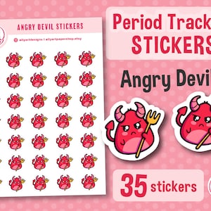 Pode incluir: Uma folha de 35 adesivos de diabinhos vermelhos zangados com um garfo dourado. Os adesivos são para o acompanhamento do período. O texto "Angry Devil Stickers" e "Period Tracking Stickers" está na folha.