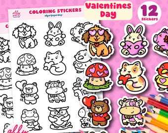 Valentines Day Coloring Stickers - Animals to Color - Holiday Stationary - Scrapbooking