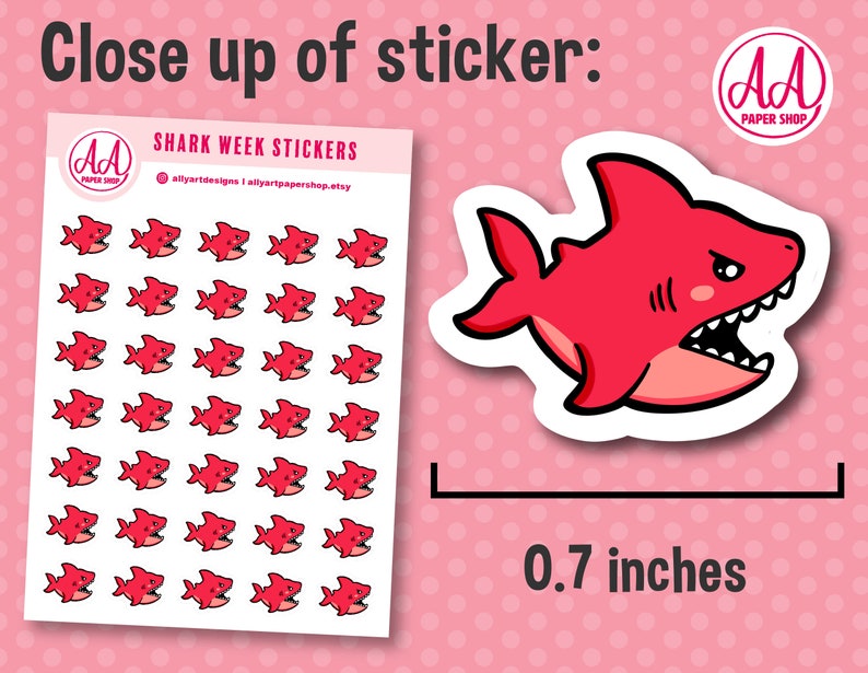 May include: A sheet of 36 red shark stickers, each measuring 0.7 inches. The stickers are arranged in a grid pattern on a white background. The text "SHARK WEEK STICKERS" is printed at the top of the sheet. The text "allyartdesigns I allyartpapershop.etsy" is printed below the title.