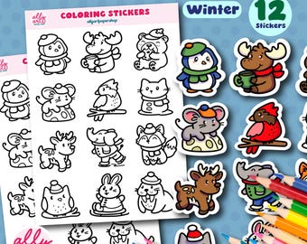 Winter Animals Coloring Stickers - Animal Sticker Sheet - Holiday Stationary - Coloring Activities