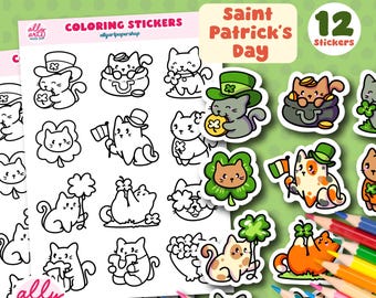 Saint Patricks Day Coloring Stickers - Irish Cats Sticker Sheet - Cat Lover Gifts - Crafting - Stationary