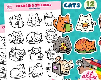 Cat Coloring Stickers - Sticker Sheet - Cat Stationary for Planners or Journals - Cat Lover Gifts
