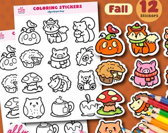 Fall Coloring Stickers - Cute Animal Stationary - For Journals Planners or Calendars