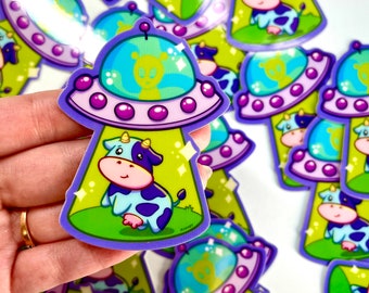 Alien Abduction Cow Sticker - Glow in the Dark Waterproof Decal - Funny Vinyl Decal