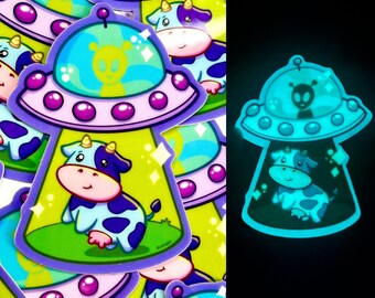 Cow Sticker - Glow in the Dark Sticker - Waterproof Sticker - Water Bottle Sticker - Alien Sticker